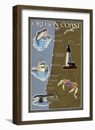 Oregon Coast - Map-Lantern Press-Framed Art Print