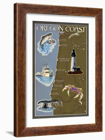 Oregon Coast - Map-Lantern Press-Framed Art Print