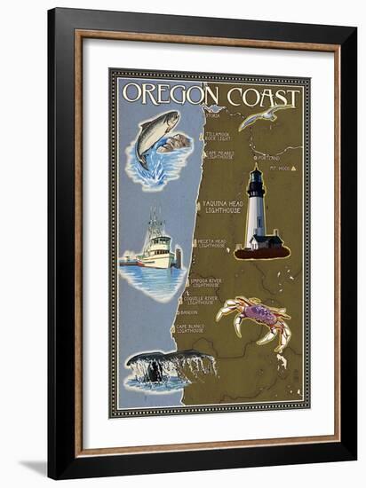 Oregon Coast - Map-Lantern Press-Framed Art Print