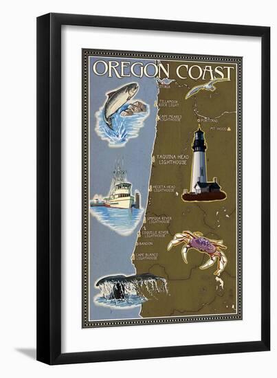 Oregon Coast - Map-Lantern Press-Framed Art Print