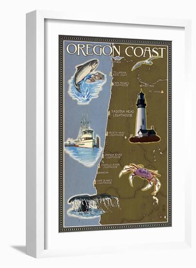 Oregon Coast - Map-Lantern Press-Framed Art Print