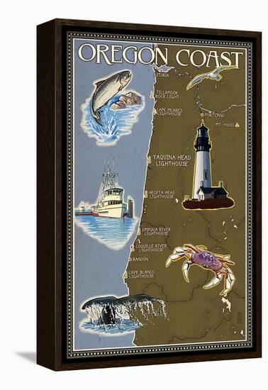 Oregon Coast - Map-Lantern Press-Framed Stretched Canvas