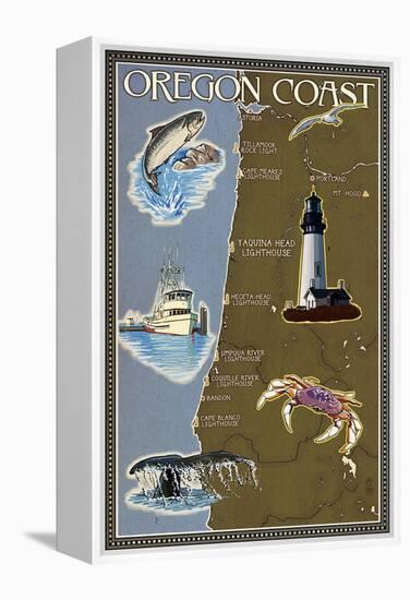 Oregon Coast - Map-Lantern Press-Framed Stretched Canvas