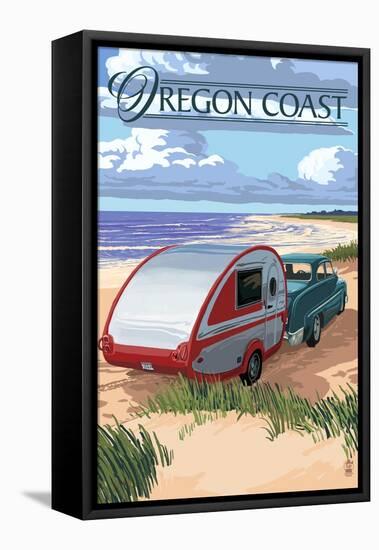 Oregon Coast - Retro Camper on Beach-Lantern Press-Framed Stretched Canvas