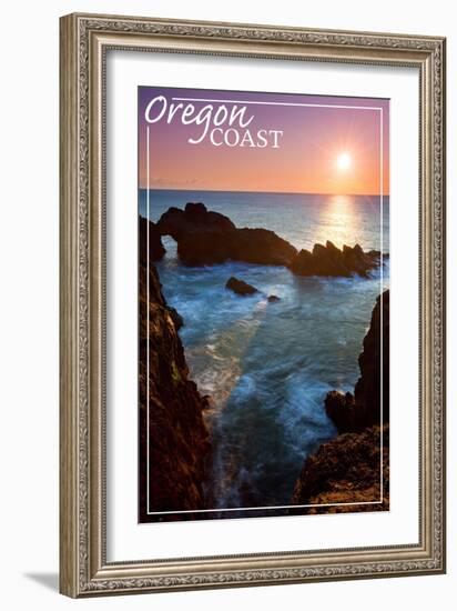 Oregon Coast - Rocky Cove and Sunset-Lantern Press-Framed Art Print