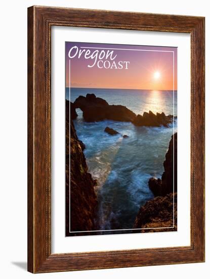 Oregon Coast - Rocky Cove and Sunset-Lantern Press-Framed Art Print