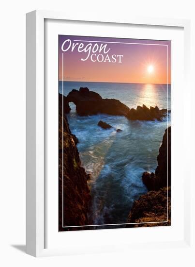 Oregon Coast - Rocky Cove and Sunset-Lantern Press-Framed Art Print