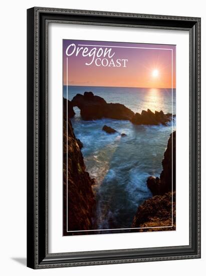 Oregon Coast - Rocky Cove and Sunset-Lantern Press-Framed Art Print