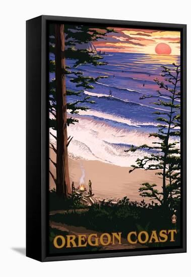 Oregon Coast Sunset Surfers-Lantern Press-Framed Stretched Canvas