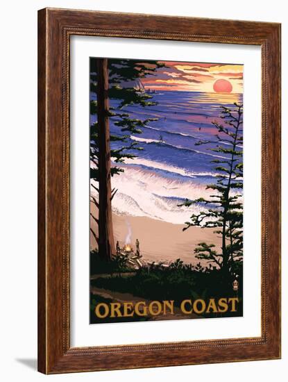 Oregon Coast Sunset Surfers-Lantern Press-Framed Art Print