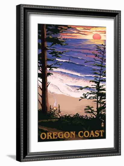 Oregon Coast Sunset Surfers-Lantern Press-Framed Art Print