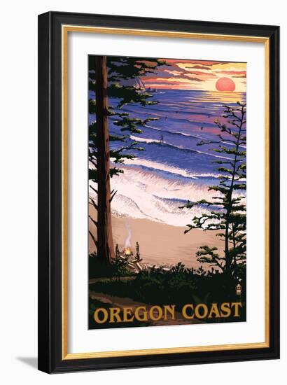 Oregon Coast Sunset Surfers-Lantern Press-Framed Art Print