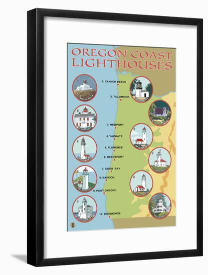 Oregon Coast, View of the Coastal Lighthouses-Lantern Press-Framed Art Print