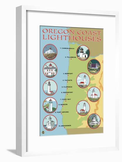 Oregon Coast, View of the Coastal Lighthouses-Lantern Press-Framed Art Print