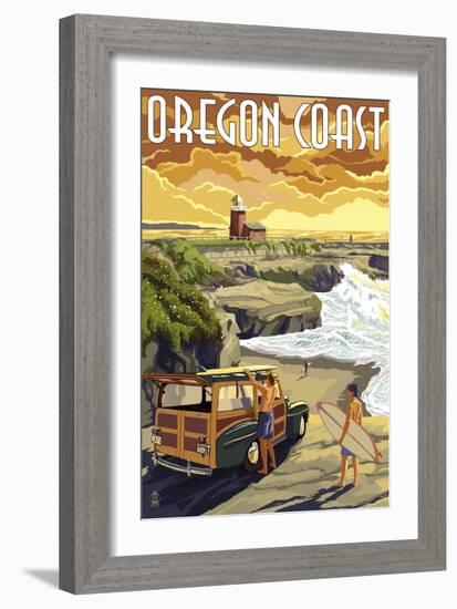 Oregon Coast - Woody and Lighthouse-Lantern Press-Framed Art Print