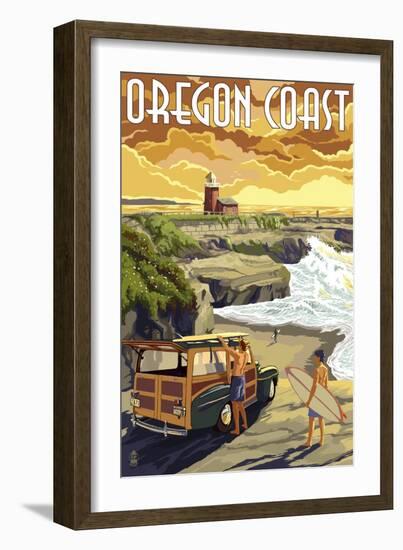 Oregon Coast - Woody and Lighthouse-Lantern Press-Framed Art Print