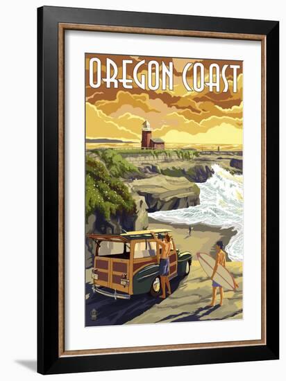 Oregon Coast - Woody and Lighthouse-Lantern Press-Framed Art Print