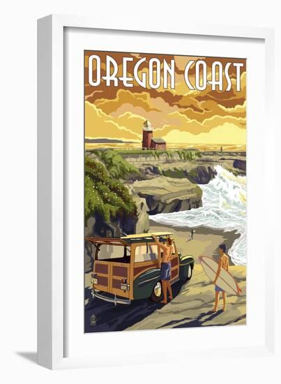 Oregon Coast - Woody and Lighthouse-Lantern Press-Framed Art Print