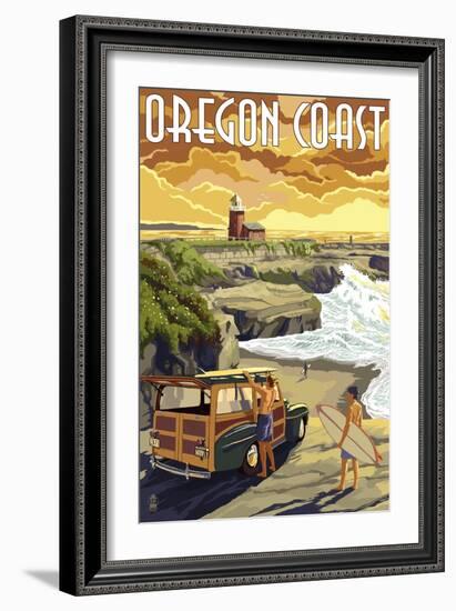 Oregon Coast - Woody and Lighthouse-Lantern Press-Framed Art Print