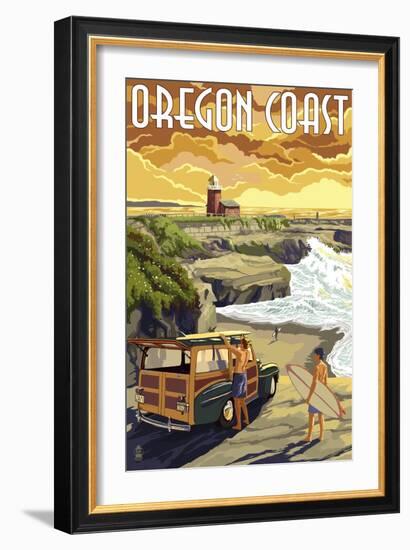 Oregon Coast - Woody and Lighthouse-Lantern Press-Framed Art Print