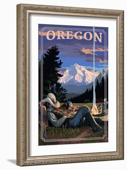 Oregon - Cowboy Camping Night Scene-Lantern Press-Framed Art Print