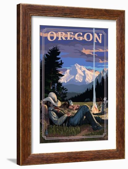 Oregon - Cowboy Camping Night Scene-Lantern Press-Framed Art Print