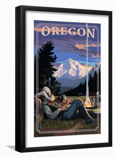 Oregon - Cowboy Camping Night Scene-Lantern Press-Framed Art Print