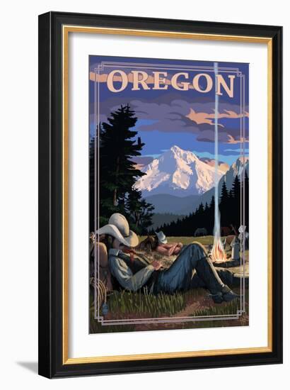 Oregon - Cowboy Camping Night Scene-Lantern Press-Framed Art Print