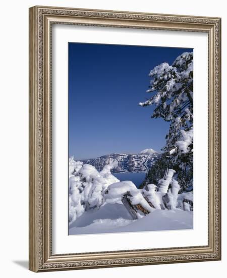 Oregon, Crater Lake National Park. Winter snow accumulates at Crater Lake-John Barger-Framed Photographic Print