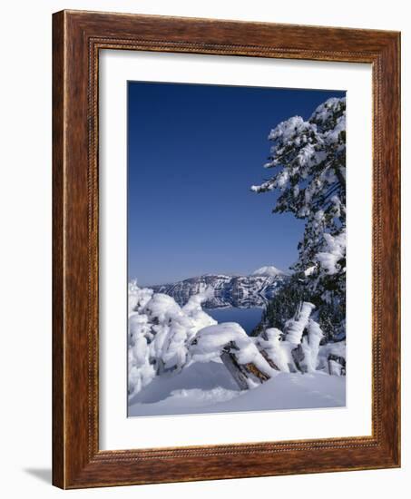 Oregon, Crater Lake National Park. Winter snow accumulates at Crater Lake-John Barger-Framed Photographic Print