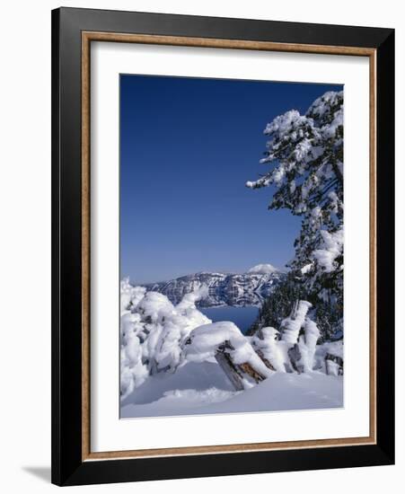 Oregon, Crater Lake National Park. Winter snow accumulates at Crater Lake-John Barger-Framed Photographic Print