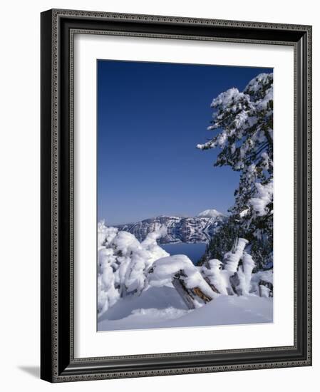 Oregon, Crater Lake National Park. Winter snow accumulates at Crater Lake-John Barger-Framed Photographic Print