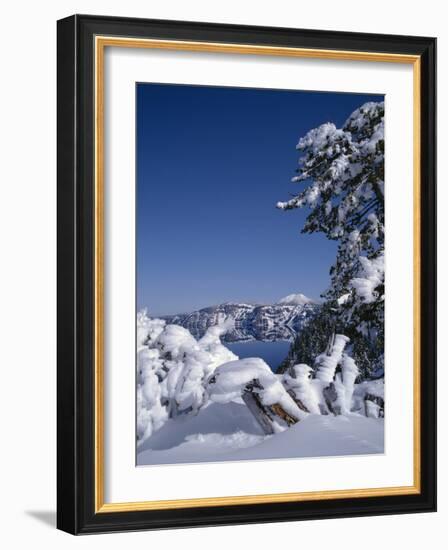 Oregon, Crater Lake National Park. Winter snow accumulates at Crater Lake-John Barger-Framed Photographic Print