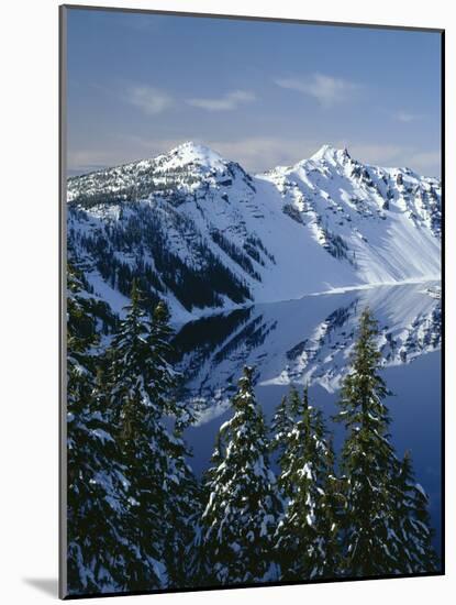 Oregon. Crater Lake NP, winter snow on west rim of Crater Lake with The Watchman and Hillman Peak-John Barger-Mounted Photographic Print
