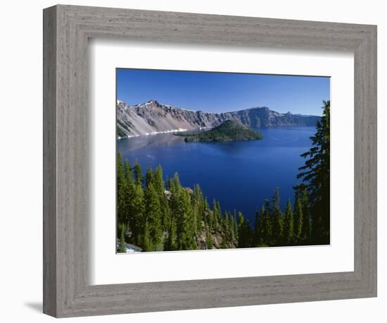 Oregon. Crater Lake NP, Wizard Island and Crater Lake with a grove of mountain hemlock-John Barger-Framed Photographic Print