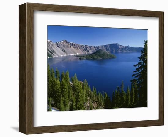 Oregon. Crater Lake NP, Wizard Island and Crater Lake with a grove of mountain hemlock-John Barger-Framed Photographic Print