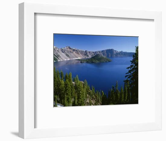 Oregon. Crater Lake NP, Wizard Island and Crater Lake with a grove of mountain hemlock-John Barger-Framed Photographic Print