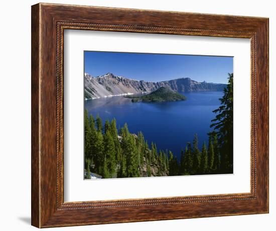 Oregon. Crater Lake NP, Wizard Island and Crater Lake with a grove of mountain hemlock-John Barger-Framed Photographic Print