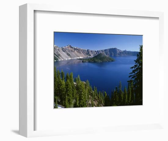 Oregon. Crater Lake NP, Wizard Island and Crater Lake with a grove of mountain hemlock-John Barger-Framed Photographic Print