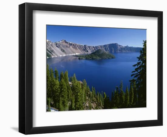 Oregon. Crater Lake NP, Wizard Island and Crater Lake with a grove of mountain hemlock-John Barger-Framed Photographic Print