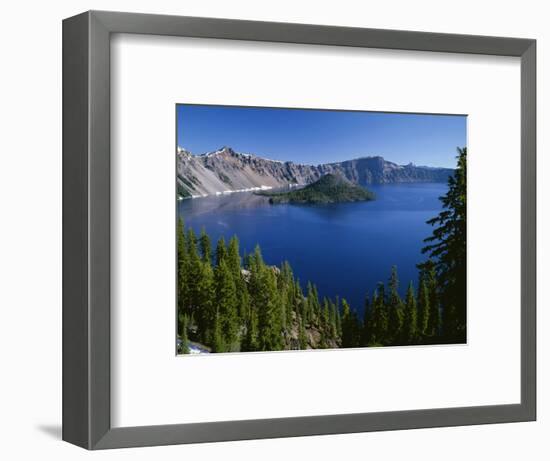 Oregon. Crater Lake NP, Wizard Island and Crater Lake with a grove of mountain hemlock-John Barger-Framed Photographic Print