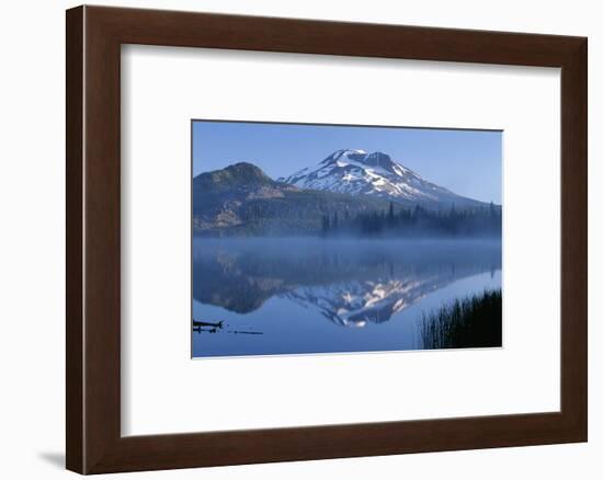 Oregon. Deschutes NF, South Sister reflects in the misty waters of Sparks Lake in early morning.-John Barger-Framed Photographic Print