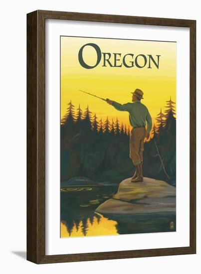 Oregon - Fisherman Casting-Lantern Press-Framed Art Print