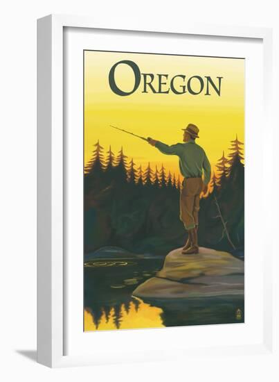 Oregon - Fisherman Casting-Lantern Press-Framed Art Print
