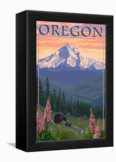 Oregon - Mt. Hood Bear Family and Spring Flowers-Lantern Press-Framed Stretched Canvas