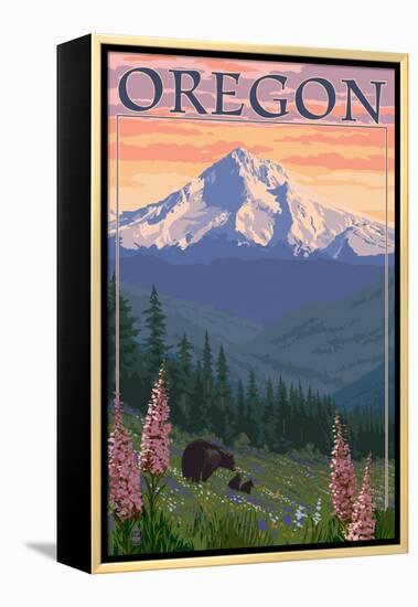 Oregon - Mt. Hood Bear Family and Spring Flowers-Lantern Press-Framed Stretched Canvas