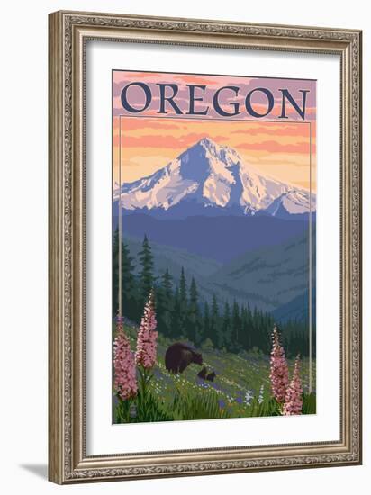 Oregon - Mt. Hood Bear Family and Spring Flowers-Lantern Press-Framed Art Print