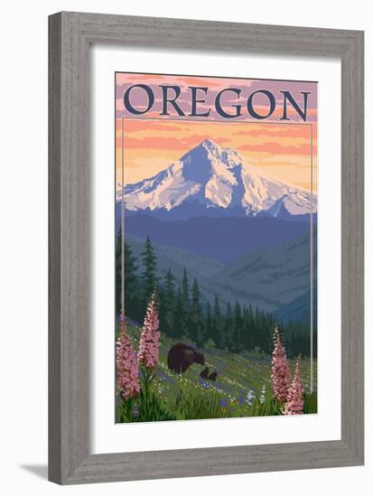 Oregon - Mt. Hood Bear Family and Spring Flowers-Lantern Press-Framed Art Print