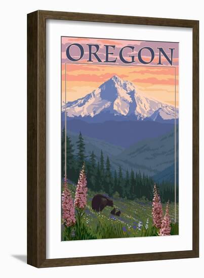 Oregon - Mt. Hood Bear Family and Spring Flowers-Lantern Press-Framed Art Print