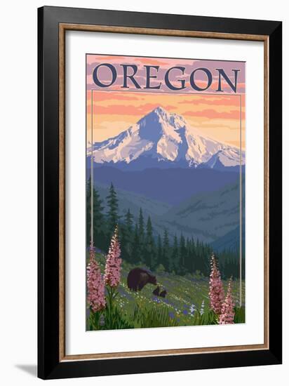 Oregon - Mt. Hood Bear Family and Spring Flowers-Lantern Press-Framed Art Print